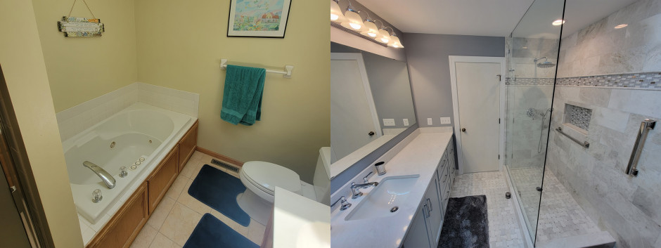 Before and After of a Shakopee, MN bathroom remodeled by Iron River Construction
