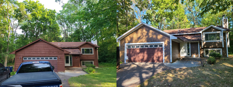 Before and After of Hopkins, MN home with LP SmartSide siding installed by Iron River Construction